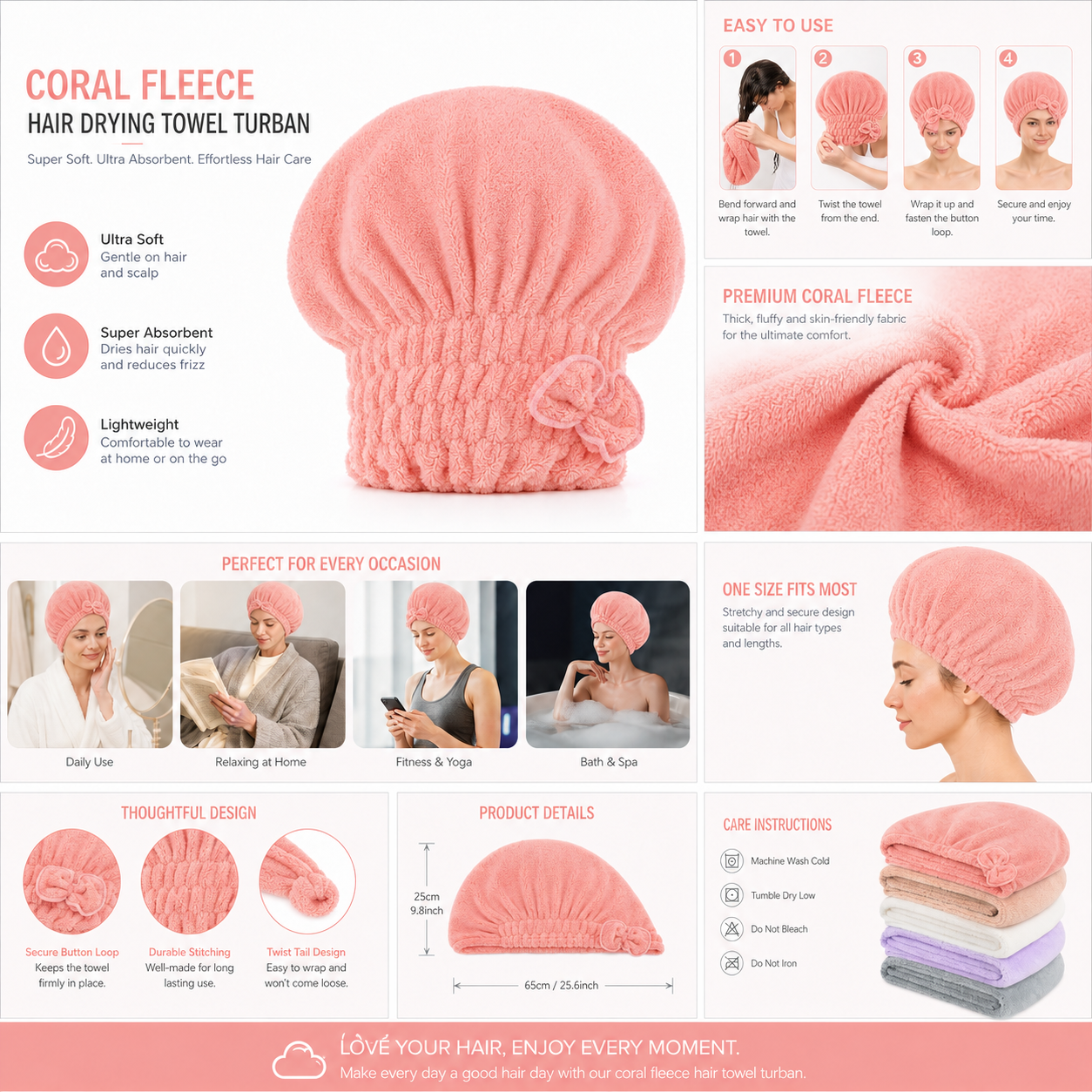 ๐ Coral Velvet Cute Bow Bath Cap