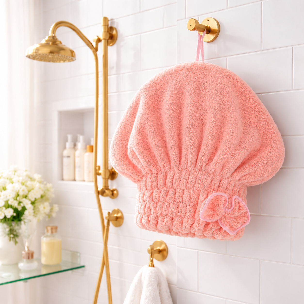 🎀 Coral Velvet Cute Bow Bath Cap