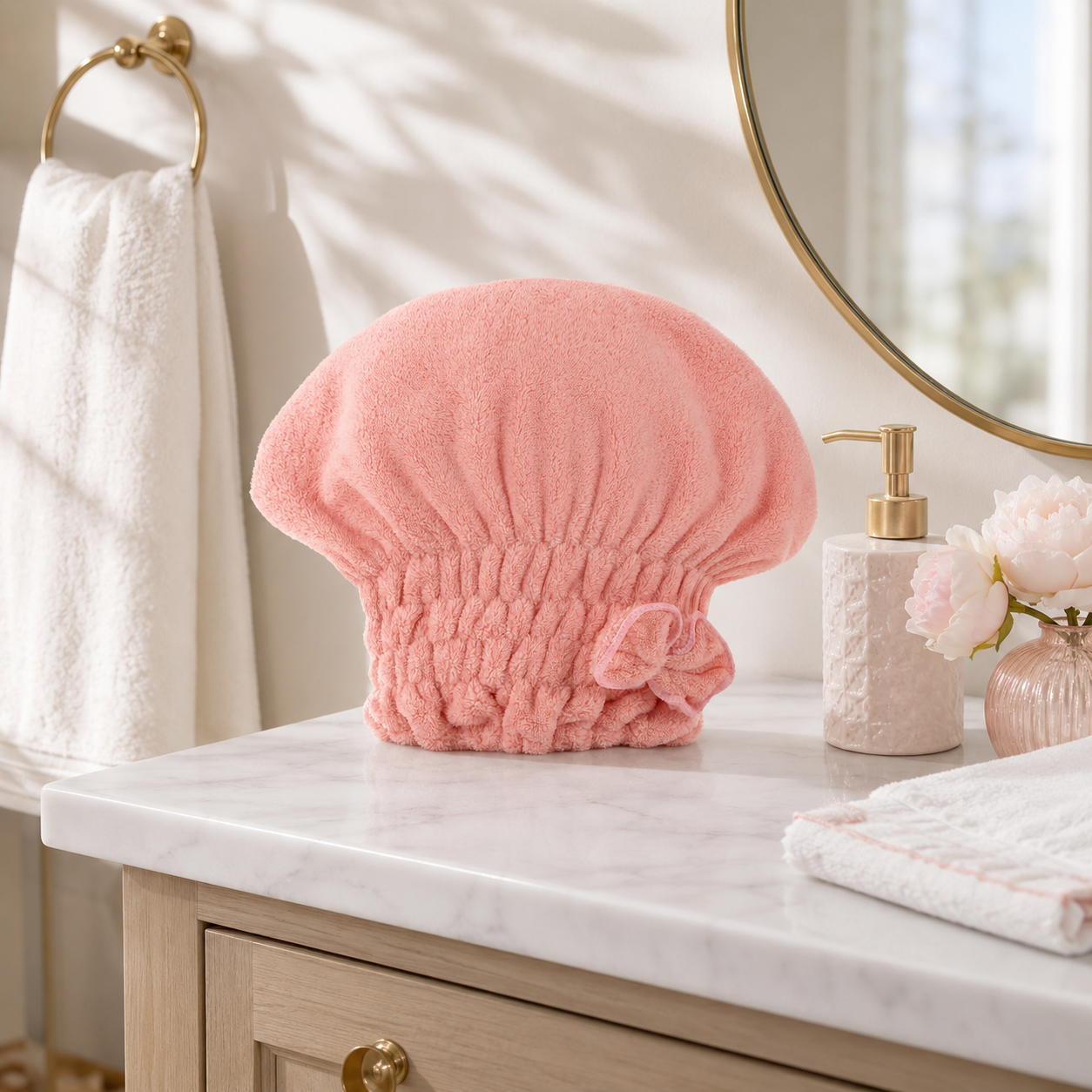 🎀 Coral Velvet Cute Bow Bath Cap