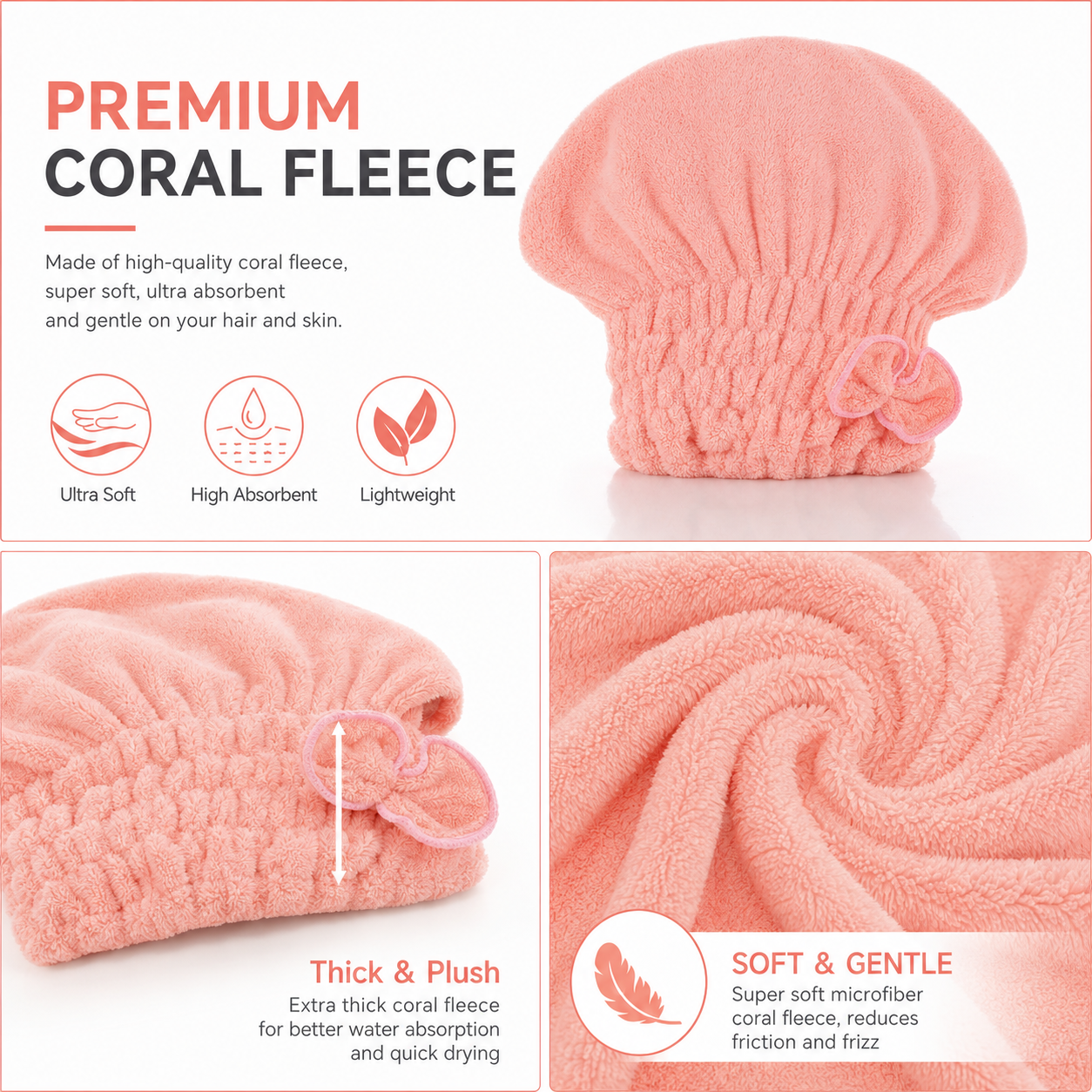 🎀 Coral Velvet Cute Bow Bath Cap