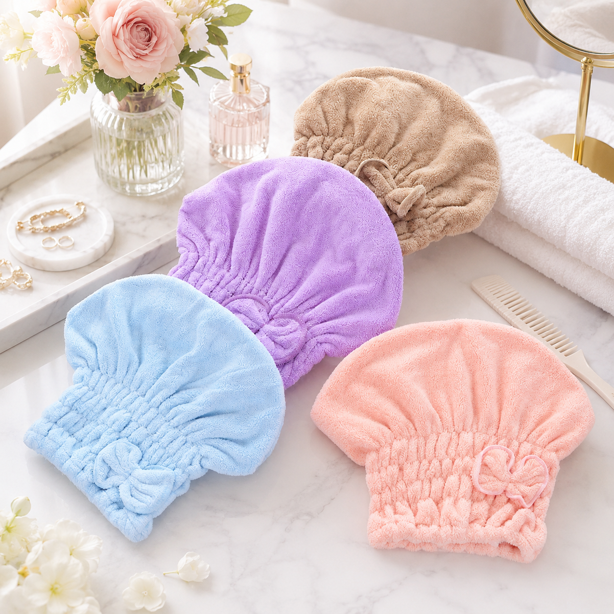 🎀 Coral Velvet Cute Bow Bath Cap