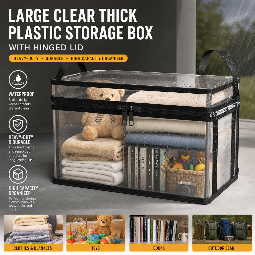 Large Clear Storage Box with Hinged Lid – Heavy-Duty High Capacity Organizer