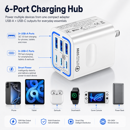 Portable Multi Port Charging Station 50W, 6-Port USB C & USB A